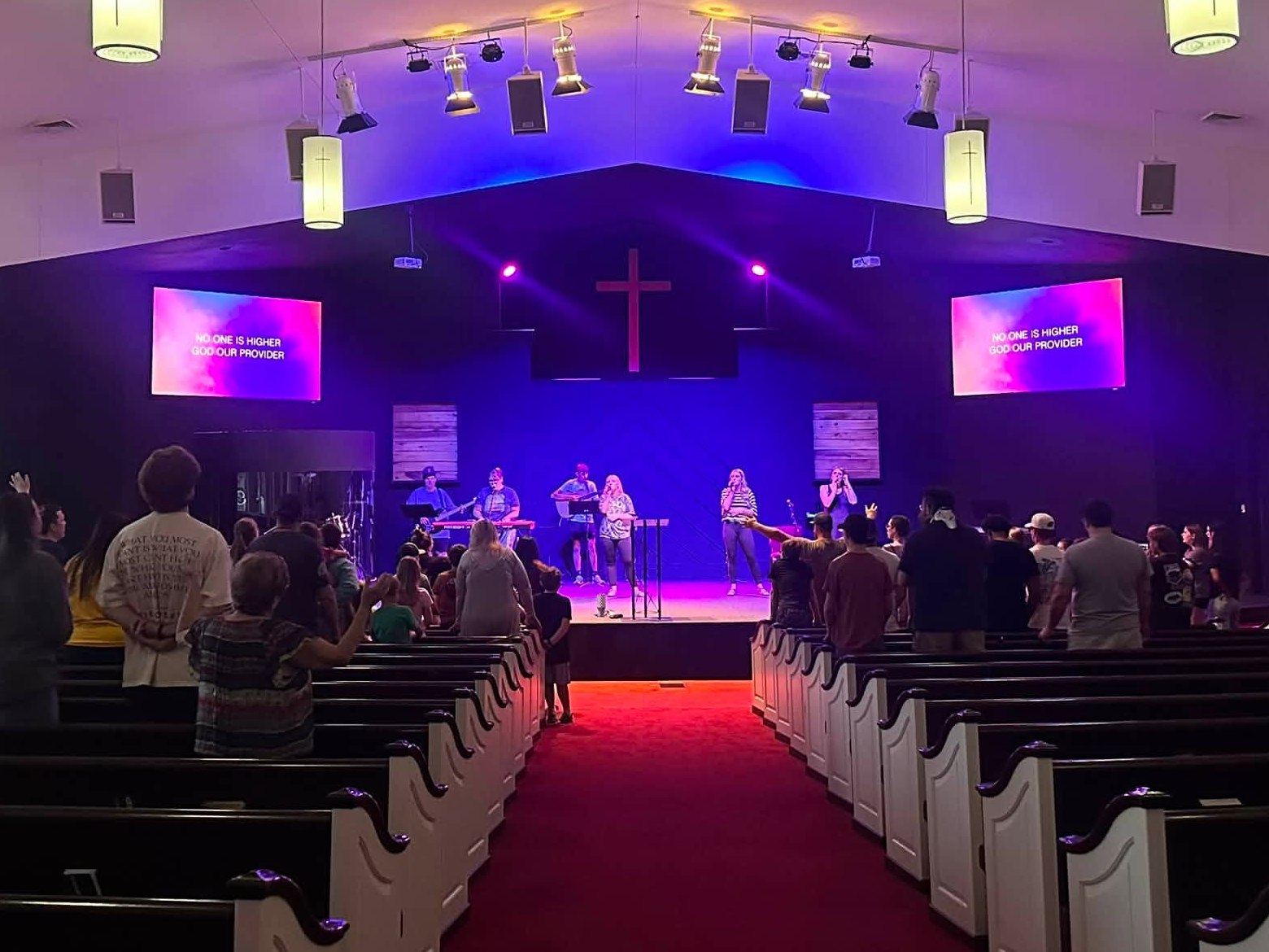 The Worship Center at Engage Church during a Sunday service, seen from the back of the room